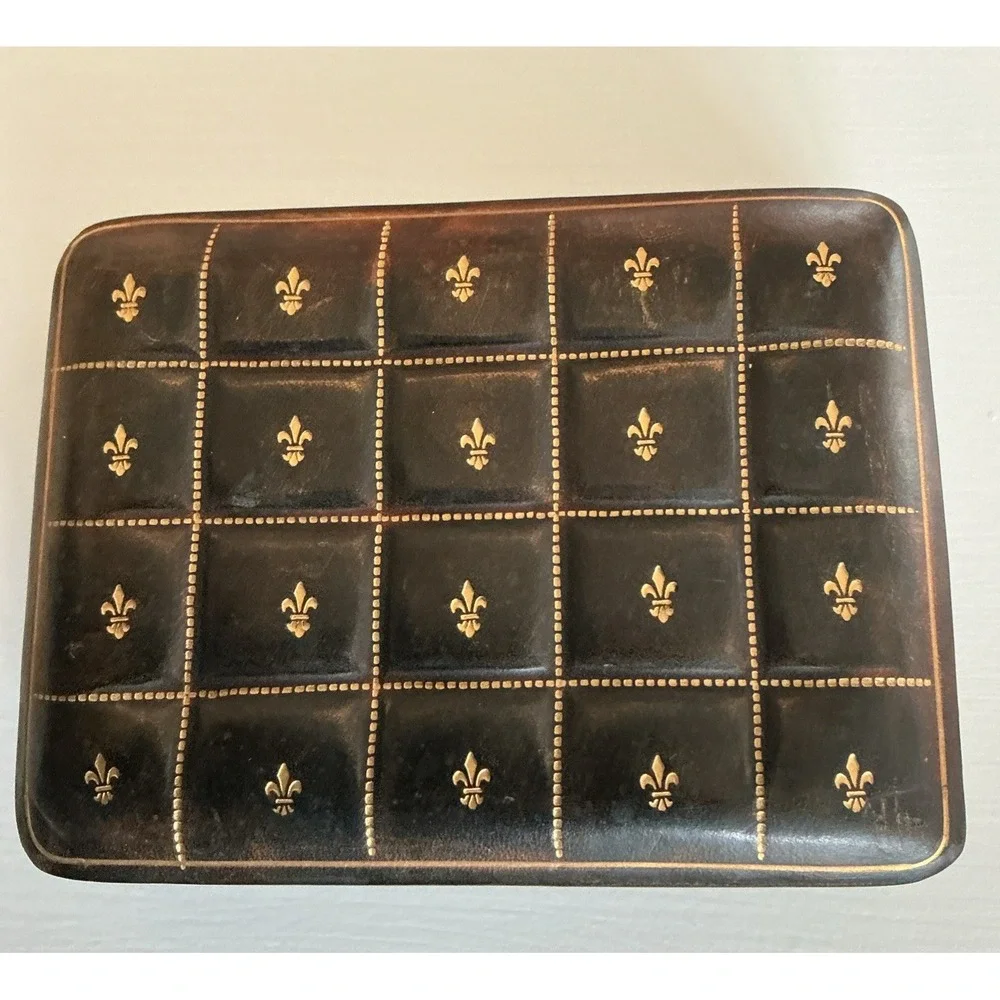 Vtg Italian Leather Jewelry Trinket Box Fleur de lis 5.5